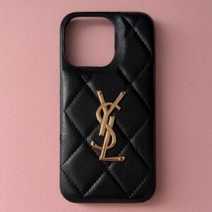 Yves Saint Laurent Black Quilted Phone Case with Gold Logo